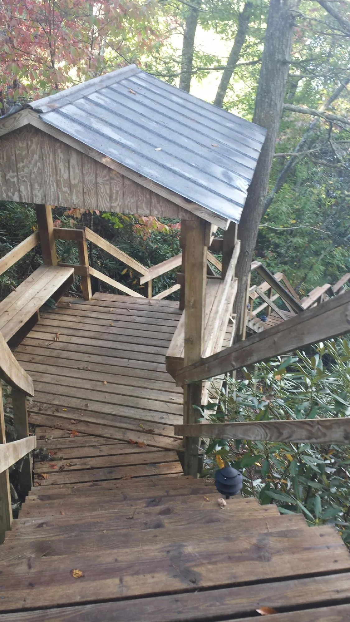 Metal roofed shelter over wooden steps on a wooded walkway — Skylight Repair & Installation work by our crew in Dane